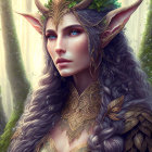 Fantasy portrait of an elf in golden armor with pointed ears, leaf and horn adornments, in