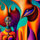 Colorful surreal art: humanoid figure with mask-like face and bird in abstract setting