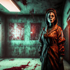 Startled woman in orange jumpsuit in eerie, blood-spattered room