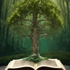 Majestic tree growing from open book in ethereal forest