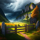 Scenic landscape with wooden fence, lush valley, vibrant trees, cliffs, dynamic sky