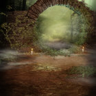 Enchanting garden gate leading to mystical forest path with pink petals, arches, ancient stone,