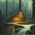 Mystical Thatched Roof Cottage in Foggy Forest