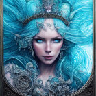 Fantasy portrait of a woman with blue hair and ornate headpiece on blue background