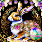 Vibrant ornate rabbit illustration with floral and jeweled details on black background.