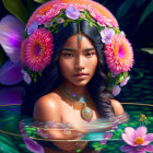 Digital portrait of woman with floral crown in water and greenery