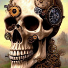 Steampunk skull with gears on pastoral background