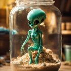 Alien figurine in jar on sandy base with blurred background