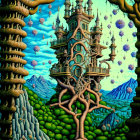 Fantasy castle on giant tree with floating islands and surreal creatures