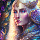 Ethereal elf with blue eyes in golden armor amidst luminescent flora