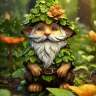 Whimsical forest gnome with white beard and leafy hat in sunlight