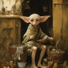 Whimsical elf-like creature in cozy rustic kitchen scene