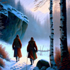 Cloaked figures walking in snow-covered forest with sunlight filtering