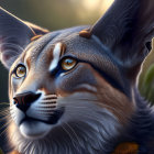 Hyper-realistic digital painting of a caracal with pronounced ears and amber eyes in soft lit floral