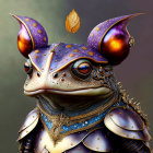 Detailed Fantasy Illustration: Frog in Ornate Armor with Leaf on Head