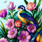 Colorful bird with yellow chest, blue wings, and black eye mask on green foliage with pink and