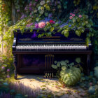 Floral-adorned piano in serene garden sunlight