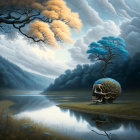 Skull-shaped landform with trees overlooking misty lake in surreal landscape