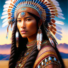 Native American headdress with intricate beadwork and feathers at sunset