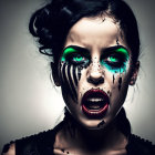 Vibrant green eye makeup and dark lipstick woman with open mouth, striking contrast and mood