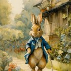 Illustration of upright rabbit with cane by cottage amid lush greenery