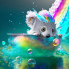 Colorful iridescent possum sliding down rainbow trail in bubble-filled teacup on blue backdrop