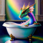 Colorful Dragon in White Bathtub with Abstract Background