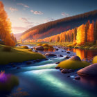 Tranquil river in autumn forest with vibrant trees