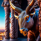 Stylized metallic bull with intricate designs and large horns in cityscape sunset.