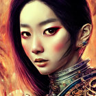 Detailed digital portrait of woman in metallic armor and red makeup against fiery backdrop