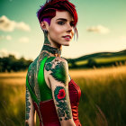 Vibrant feathered mohawk woman with tattoos in red dress at sunset