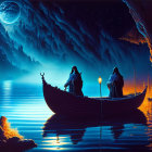 Cloaked Figures in Boat Under Moonlit Sky on Surreal Blue Landscape