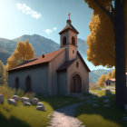 Tranquil church in golden leaf landscape with mountains