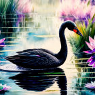 Black swan with red beak on tranquil pond with water lilies and greenery