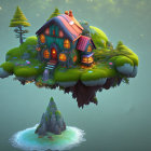 Floating island with cozy cottage, lush greenery, vibrant flowers, lone pine, rocky islet,