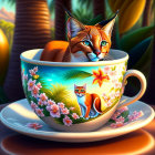 Whimsical cat with fox-like coat in teacup on tropical background