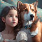 Young girl with brown hair and Corgi dog against blue floral backdrop