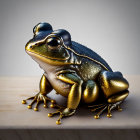 Metallic Sheen Frog with Gold and Black Hues on Wooden Surface