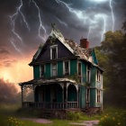 Abandoned two-story house under dramatic night sky with moon and lightning.