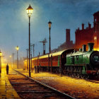 Vintage steam locomotive at dimly lit train station with moonlit sky, people on platform, Victorian