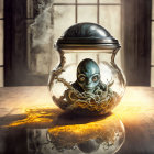 Alien creature in glass dome on wooden table with tentacles and smoke.