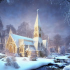 Snow-covered church beside frozen stream under twilight sky.