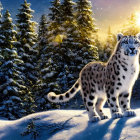 Snow leopard in snowy forest at twilight with setting sun.