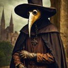 Plague doctor in beaked mask and cloak with cane by medieval church spires