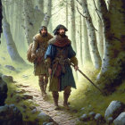 Medieval travelers in cloaks walking in foggy birch forest