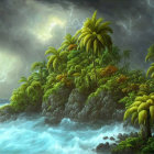 Tropical Island with Palm Trees, Stormy Sky, Lightning, and Turbulent Ocean Waves