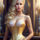 Blonde woman in golden corset and gloves on regal backdrop