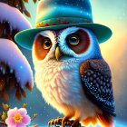 Colorful Owl Illustration on Branch with Blue Hat in Twilight Sky