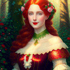 Illustration of woman with red hair, roses, Victorian dress, green choker