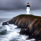 Rugged cliffs with a lighthouse and crashing waves under overcast sky